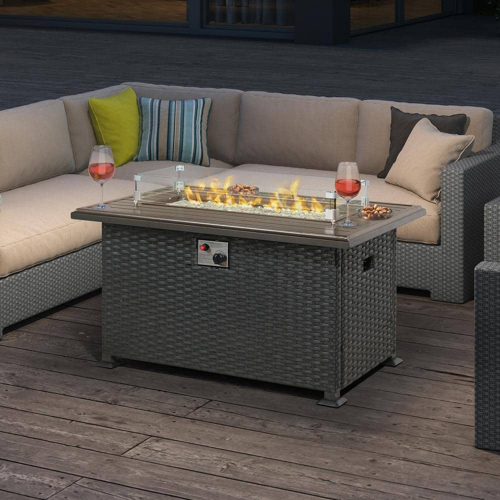 ULAX FURNITURE Rectangular Wicker Outdoor Fire Pit Table with Aluminum ...