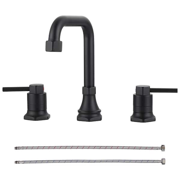 IVIGA 8 in. Widespread Double Handle High Arc Bathroom Faucet with Pop Up Drain Kit and 24 in. Supply Lines in Matte Black