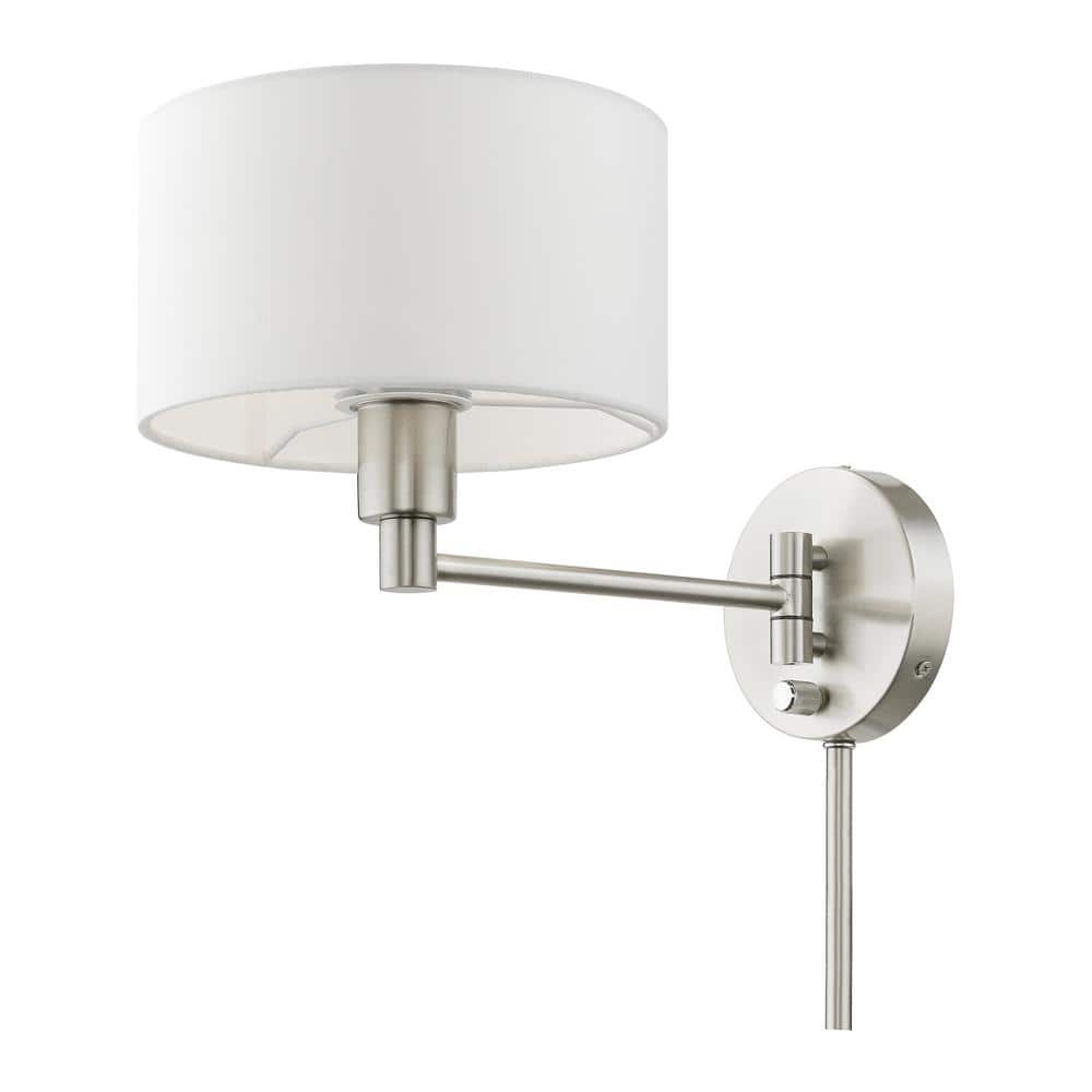 Transitional Brushed Nickel Swing Arm Wall Lamp with Off-White Shade