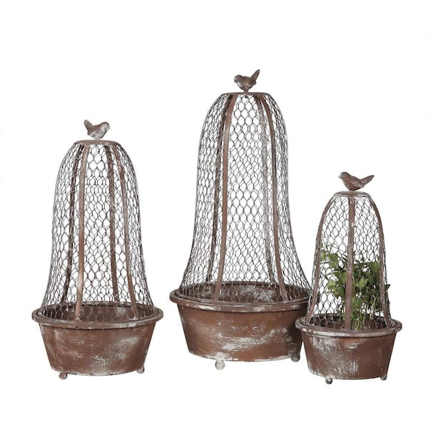 Storied Home Bird Planters Brown Metal and Wire Cloche (Set of 3)