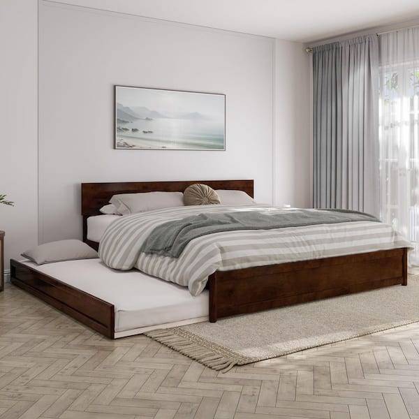 AFI Wesley Walnut Brown Solid Wood Frame King Platform Bed with Panel Footboard and Twin XL Trundle