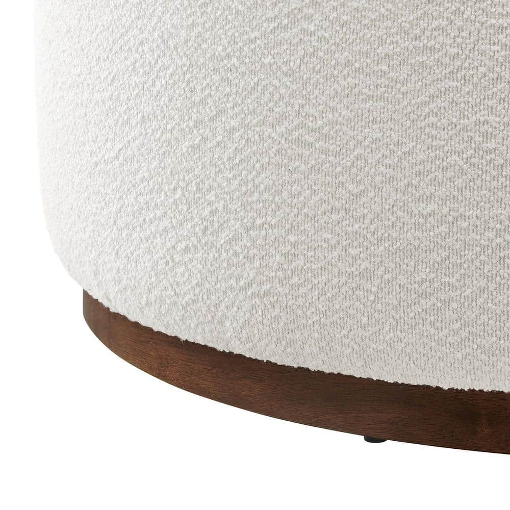 Tilden Large Round Off-White Boucle Upholstered Ottoman with Walnut Base