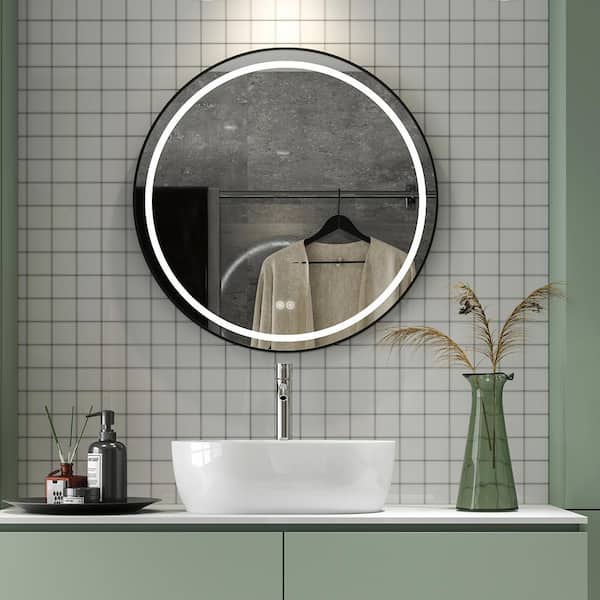 HOROW 24 in. W x 24 in. H Round Metal Framed Anti-Fog Dimmable and Vertical Wall Bathroom Vanity Mirror in Black