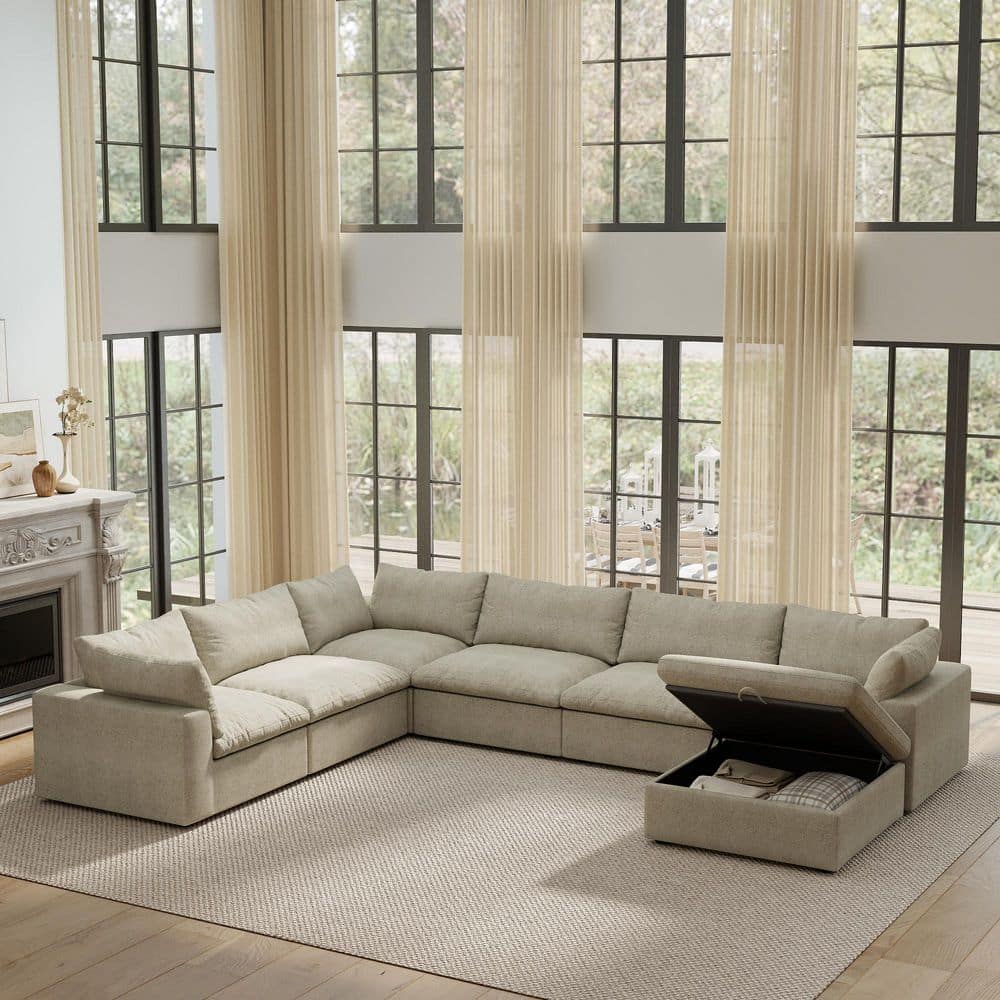 157.2 in. Square Arm Linen 7-piece Down Modular Free Combination Sectional Sofa with Storage Ottoman in khaki price history on PriceWatchPro