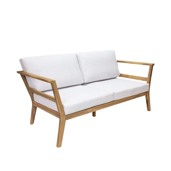 Bodie Acacia Wood Outdoor Patio Loveseat with Bone Cushions-Natural