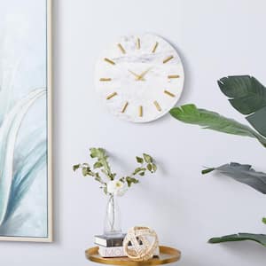 15 in. x 15 in. White Marble Wall Clock with Gold accents