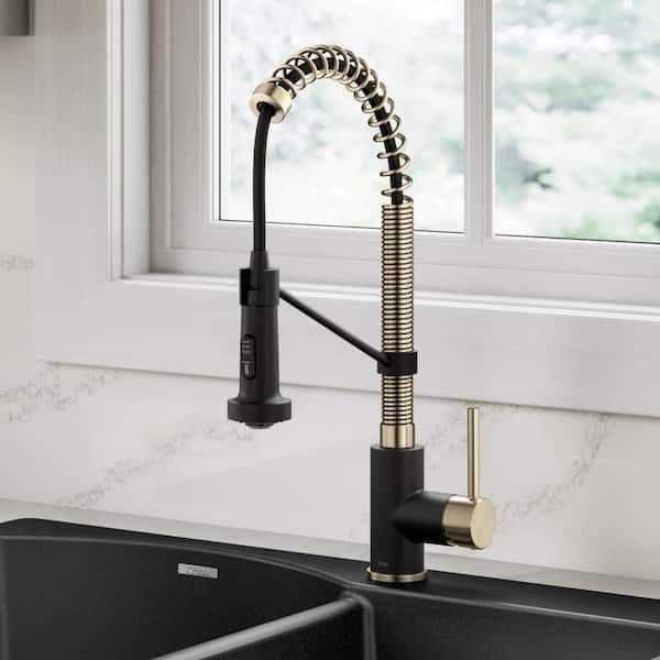 Single-Handle Pull-Down Kitchen Faucet with Dual Function Sprayhead in Spot Free Antique Champagne Bronze/Matte Black Single-Handle Pull-Down Kitchen Faucet with Dual Function Sprayhead in Spot Free Antique Champagne Bronze/Matte Black