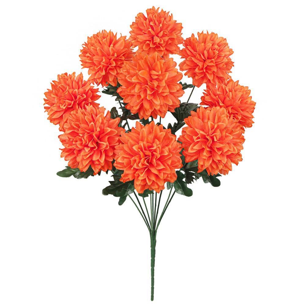 LIVING LUXURY 22 in. Orange Artificial Ball Mum Pom Pom Flower