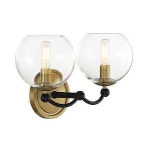 Kearney Park 14 in. 2-Light Black and Soft Brass Vanity Light with Clear Glass Shades