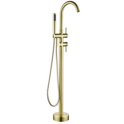 Freestanding Floor Mount 2-Handle Bath Tub Filler Faucet with Handheld Shower in Brushed Gold
