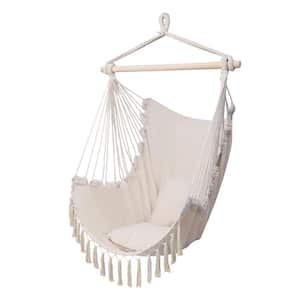 31.5 in. Tassel Hanging Hammock Chair with 2 Pillows in Beige