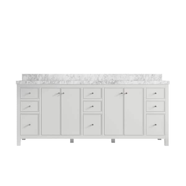 Willow Collections Chicago 84 in. Double Sink Freestanding White Bath Vanity with Carrara Marble Top