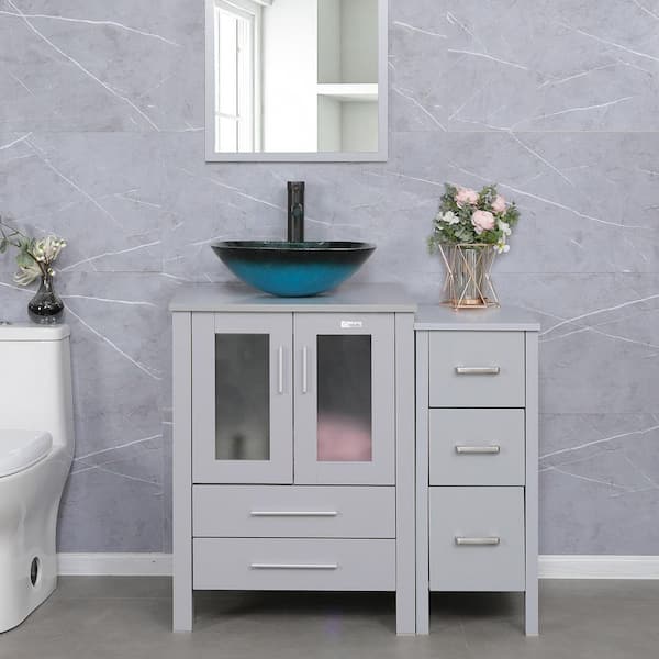 36 in. W x 20 in. D x 32 in. H Single Sink Bath Vanity in Gray with Glass Turquoise Top and Mirror ORB Faucet Drain Set
