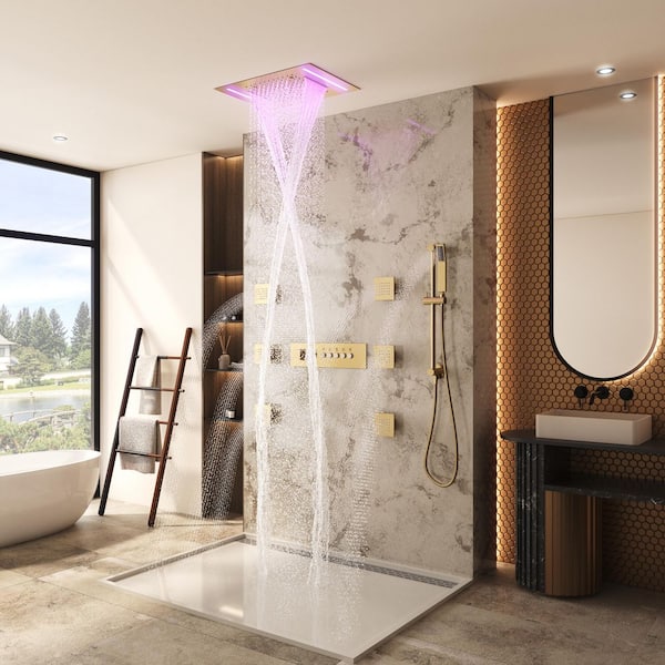 5-Spray Thermostatic Ceiling Mount Waterfall Dual Shower Head and Handheld Shower Head with Lifting Rod in Brushed Gold