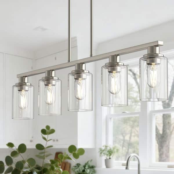 5-Light Brushed Nickel Modern Kitchen Island Pendant Lighting with Clear Glass Shade, Hanging Light for Dining Room