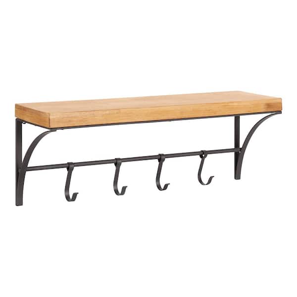 Kate and Laurel Ozias 9 in. x 23.75 in. x 9 in. x Rustic Brown Wood Floating Decorative Wall Shelf with Hooks