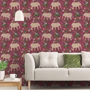 Into The Wild Red Metallic Floral Elephant Non-Pasted Non-Woven Paper Wallpaper Roll