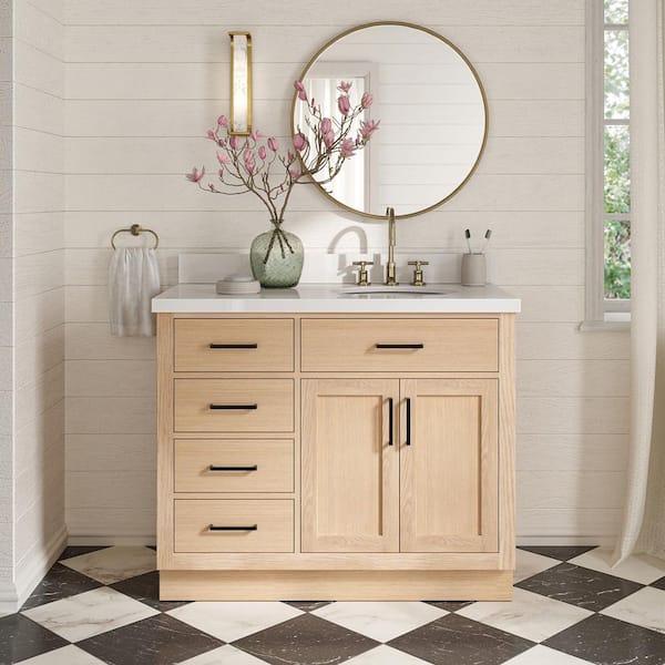 Hepburn 42 in. Single Sink Freestanding Bathroom Vanity in Oak with Pure White Quartz Top