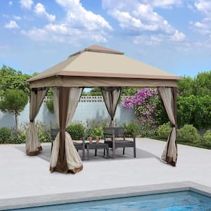 11 ft. x 11 ft. Coffee Metal Pop Up Outdoor Gazebo With Removable Zipper Netting