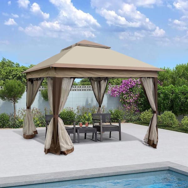 11 x 11 ft. Coffee Metal Pop Up Outdoor Gazebo With Removable Zipper Netting - The Home Depot