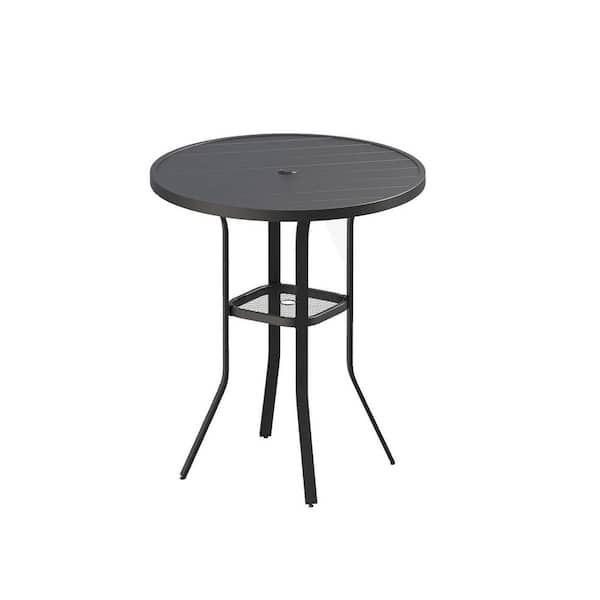 Black 35.4 in. W Metal Outdoor Round Bar Table, Bar Height Patio Table with Adjustable Umbrella Hole