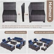 13-Piece Wicker Patio Conversation Set with 55000 BTU Gas Fire Pit Table and Glass Coffee Table and Cushions Navy Blue