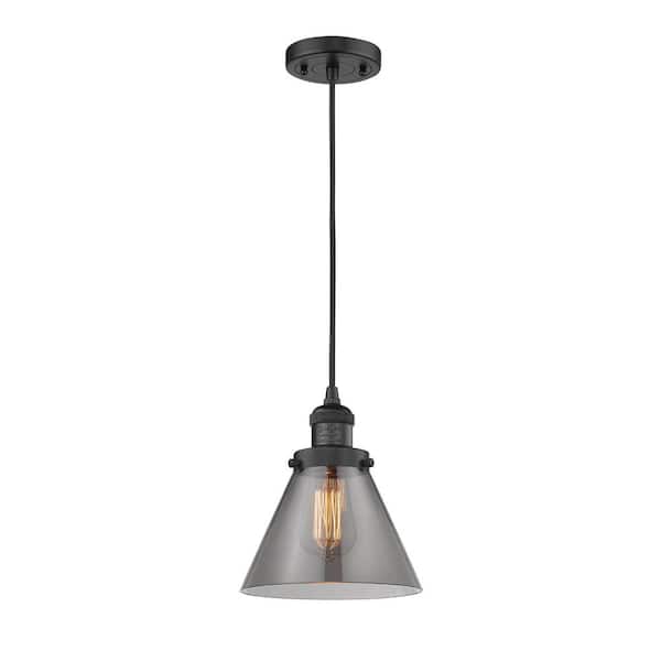 Cone 1-Light Matte Black Plated Smoke Shaded Pendant Light with Plated Smoke Glass Shade