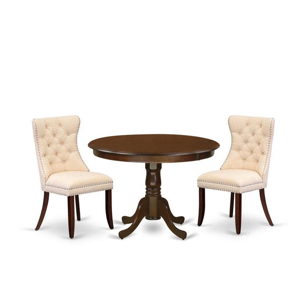 Mahogany Finish 3-Piece Round Dining Table Set with Beige Linen Chairs