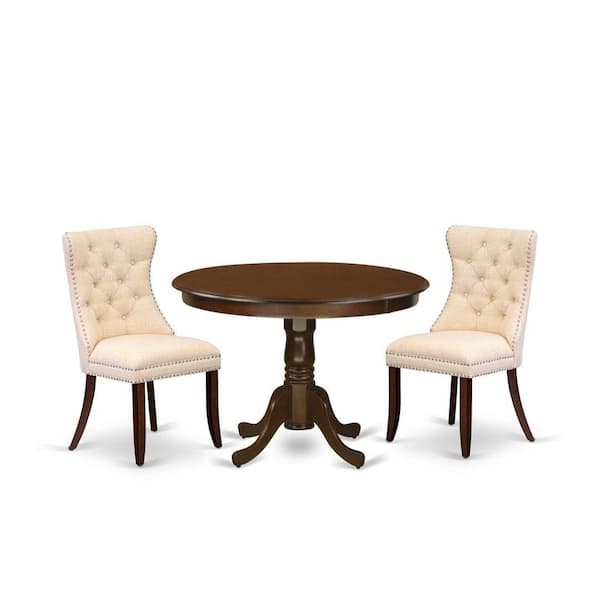 East West Furniture 3-Piece Mahogany Finish Solid Wood Top-Round Upholstered Dining Room Set-Seats 4