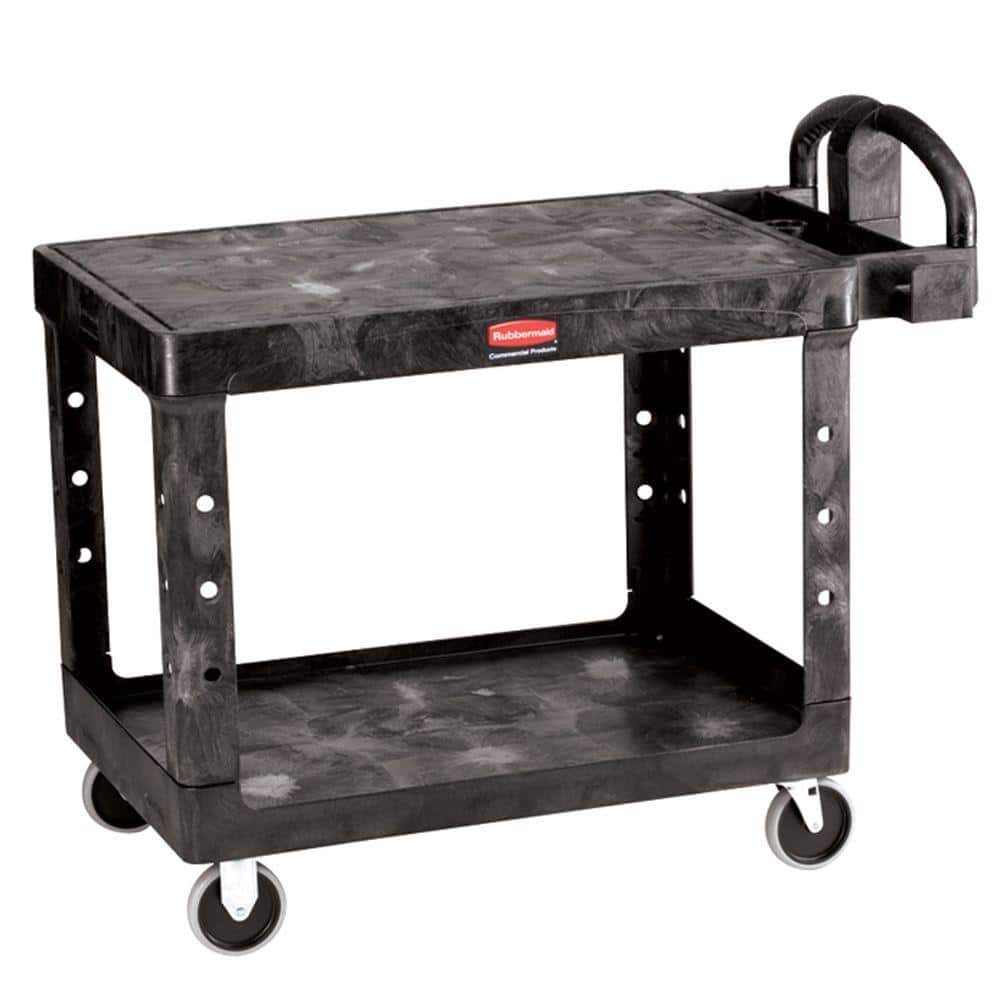 Rubbermaid Commercial Products Heavy-Duty 2-Shelf Resin Utility Cart in  Black with Flat Shelf in Medium FG452500BLA - The Home Depot