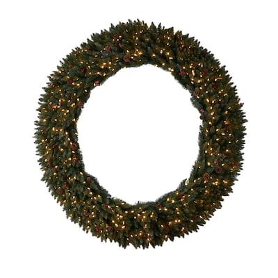72 in. Pre-Lit LED Large Flocked Artificial Christmas Wreath with Pinecones, Berries, 600 Clear LED Lights