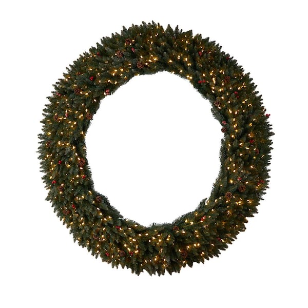 Nearly Natural 72 in. Pre-Lit LED Large Flocked Artificial Christmas Wreath with Pinecones, Berries, 600 Clear LED Lights