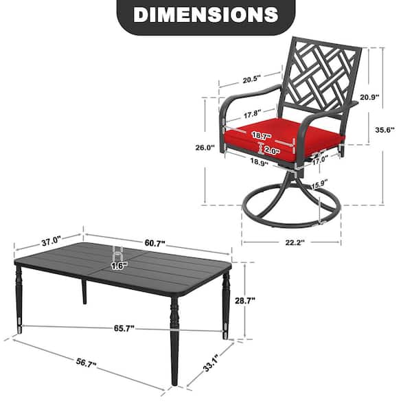 Black 7-Piece Metal Rectangle Outdoor Dining Set with Umbrella Hole and 6 Swivel Chairs with Zippered Cushions