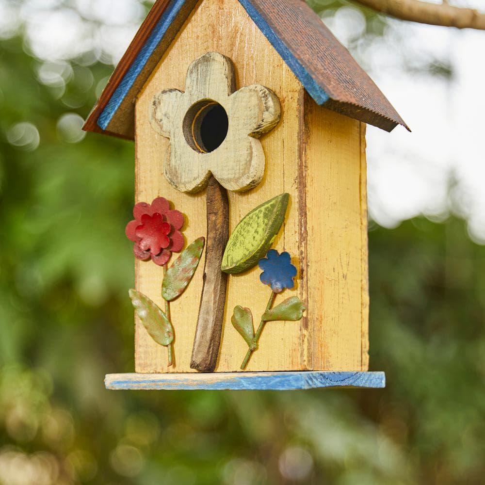 Yellow Distressed Solid Wood Birdhouse with 3D Flowers