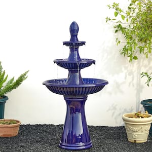 45.25 in. H Oversized Cobalt Blue 3-Tier Ceramic Outdoor Fountain with Pump and LED Light (KD)