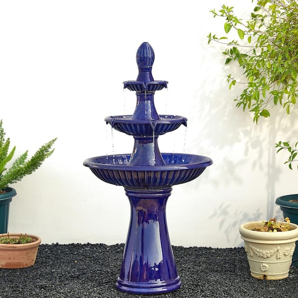 Glitzhome 45.25 in. H Oversized Cobalt Blue 3-Tier Ceramic Outdoor Fountain with Pump and LED Light (KD)
