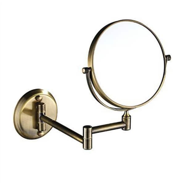 8 in. W x 8 in. H Round Extendable Arm and Two-Side Magnifying Wall Mounted Bathroom Makeup Mirror, Antique Satin Brass