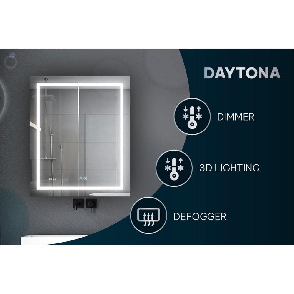 Daytona Elegance 30x40 Silver LED Bathroom Vanity Mirror with Anti-Fog and Dimmable Light