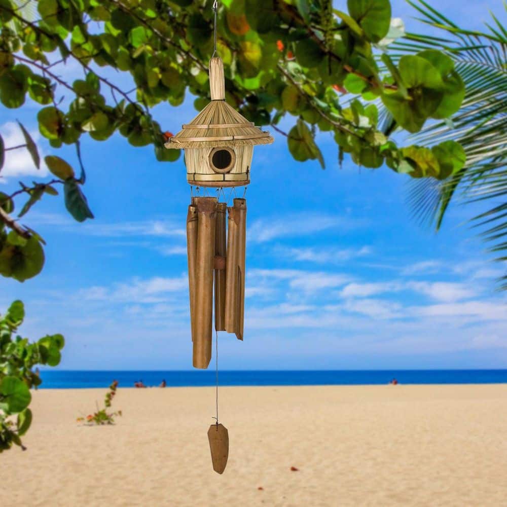 Handcrafted Bamboo and Rattan Thatched Roof Birdhouse Wind Chime