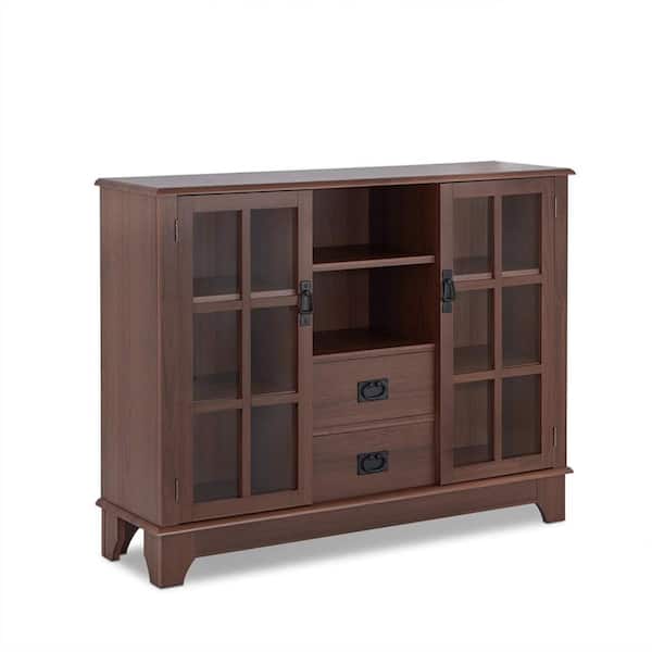 Benjara 42 in. Walnut Brown Rectangle Glass Top Console Table with 3 Shleves
