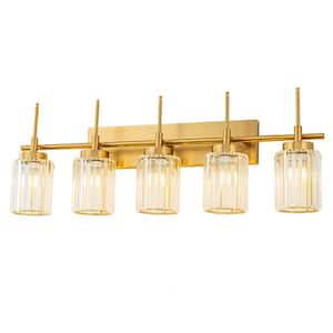 Orillia 34.64 in. 5-Light Modern Industrial Gold Bathroom Vanity Light with Crystal Cylinder Shades