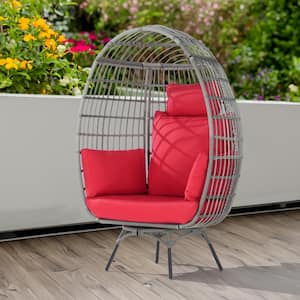 Oversized Patio Gray Wicker Swivel Egg Chair, Indoor Outdoor Rattan Egg Chair