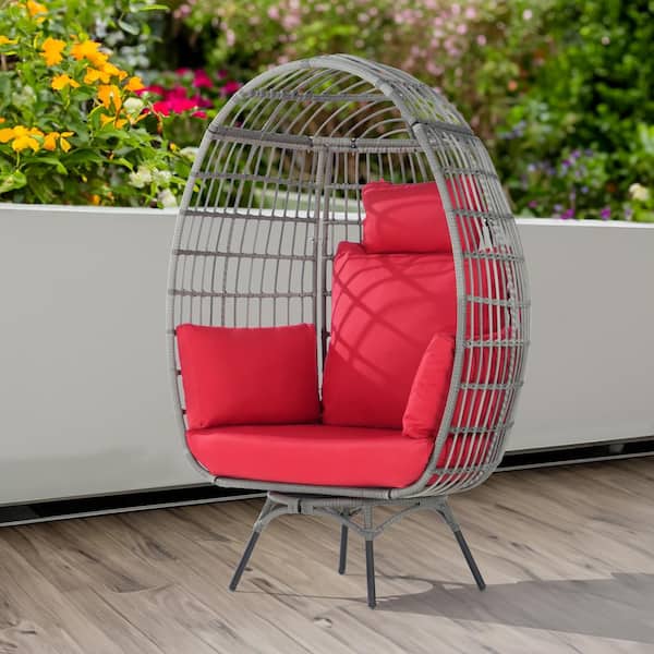 BFB Oversized Patio Gray Wicker Swivel Egg Chair, Indoor Outdoor Rattan Egg Chair