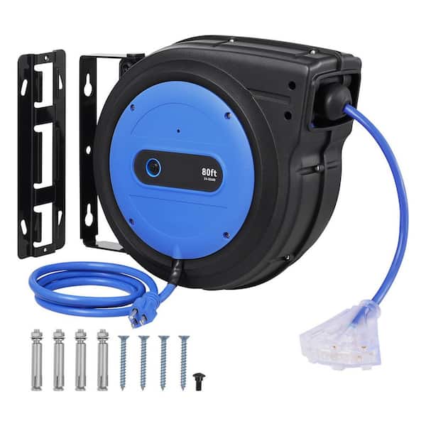 80 ft. 12 / 3 15 Amp Retractable Extension Cord Reel Heavy-Duty SJTOW Retractable Power Cord with Lighted 3-Outlet