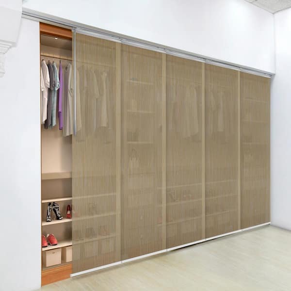 EMOH Wheat 58 in. - 110 in. W x 94 in. L Adjustable 5-Panel in Satin Nickel Single Rail Panel Track with 23.5 in. Slates
