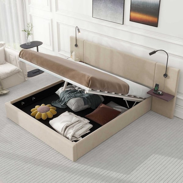 Harper & Bright Designs Beige Wood Frame Full Velvet Upholstered Platform Bed with Bedside Shelves, 2 Lights, USB Charging, Hydraulic Storage