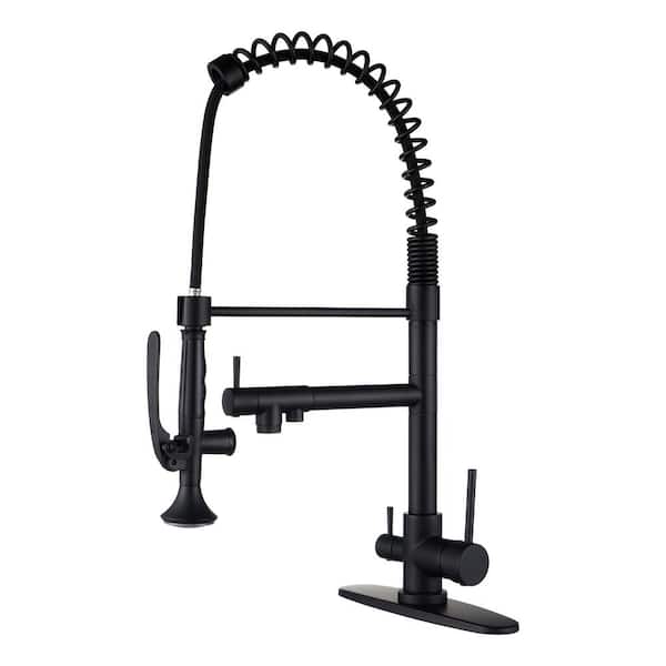 WOWOW Double-Handles Pull Down Sprayer Kitchen Faucet with Drinking Water for 1 or 3 Hole in Solid Brass in Matte Black