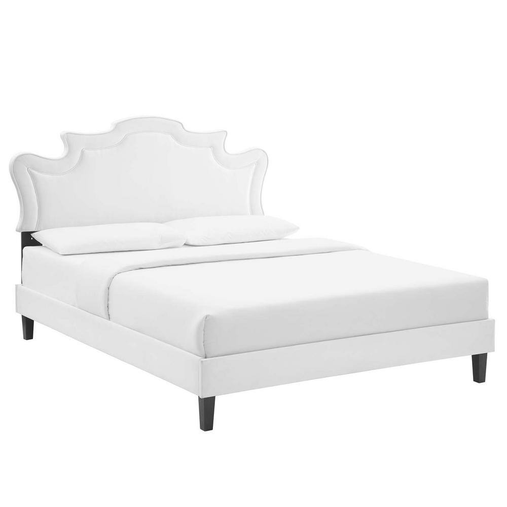 MODWAY Neena White Performance Velvet Frame Queen Platform Bed with