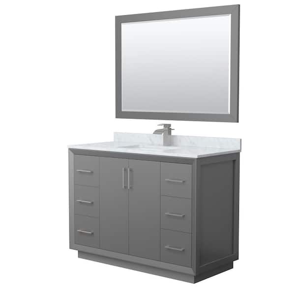 Wyndham Collection Strada 48 in. W x 22 in. D x 35 in. H Single Bath Vanity in Dark Gray with White Carrara Marble Top and 46 in. Mirror