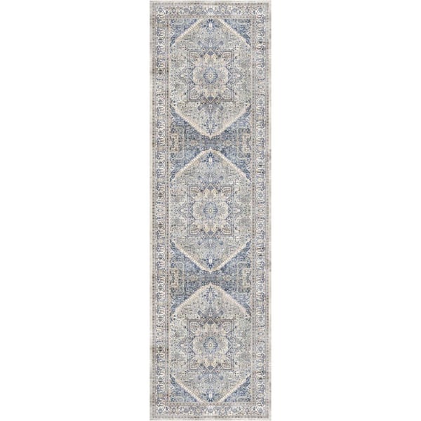 2 ft. x 8 ft. Blue Floral Washable Runner Area Rug